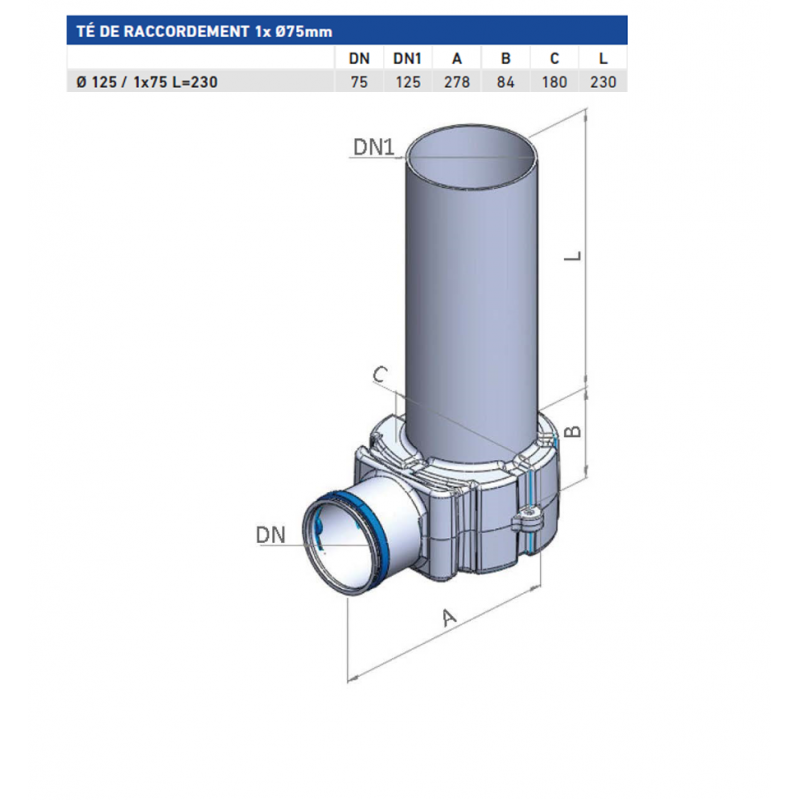 TÉ DE RACCORDEMENT 1x Ø75mm pour VMC DOUBLE FLUX